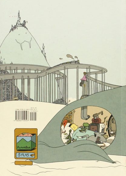 Illustrated book cover or comic-style print showing a surreal landscape with a large dome-shaped mountain, curved architectural structures, a small figure in pink, and a circular inset scene with people around a table. A barcode and a small 'Pinecone' price label appear near the lower left on a cream background.