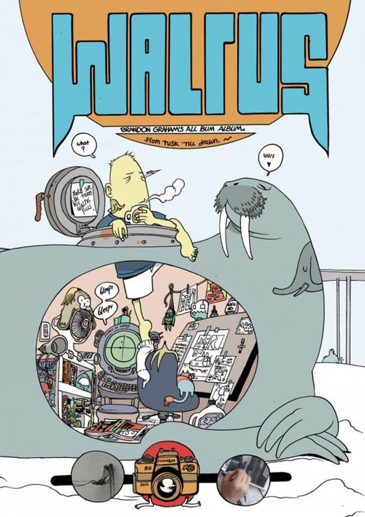 Cover of the book 'Walrus GN' featuring a cartoon-style illustration of a walrus with a lab coat, surrounded by various sci-fi themed items and characters.