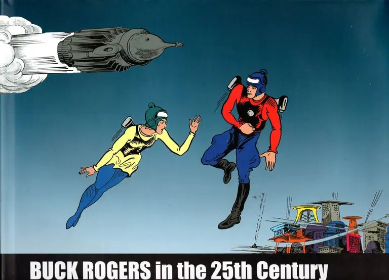 Comic book cover for 'Buck Rogers in the 25th Century' featuring illustrated characters flying through a blue sky, with a spacecraft entering the frame from the top left and a city scene at the bottom right.