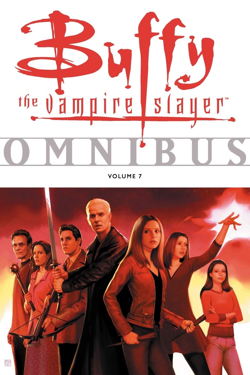 Front cover of the book/comic 'Buffy the Vampire Slayer Omnibus Volume 7' showing the title in large red and gray text above a group of illustrated characters against a fiery red and orange background.