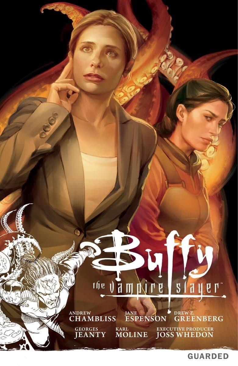 Cover art for 'Buffy the Vampire Slayer' Season 9 trade paperback, featuring an illustration of the main characters, Buffy and a vampire, with a fiery background.