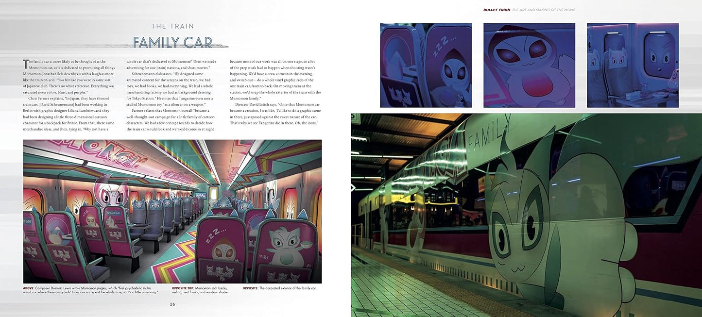 A two-page spread from a magazine or brochure featuring the Tokyo Yamanote Line family car, with printed text, small character close-ups, and a large photograph of the train at the station platform. The train exterior is decorated with large cartoon character faces.