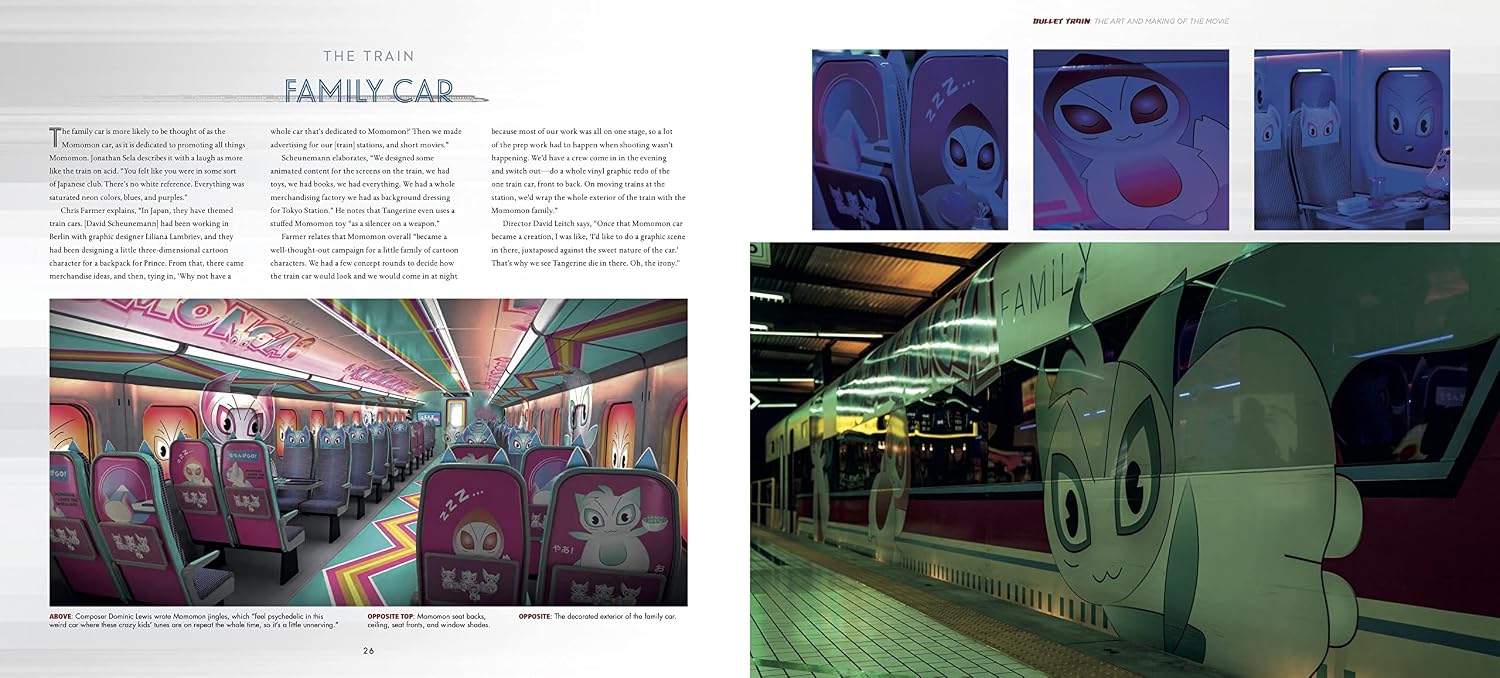 A two-page spread from a magazine or brochure featuring the Tokyo Yamanote Line family car, with printed text, small character close-ups, and a large photograph of the train at the station platform. The train exterior is decorated with large cartoon character faces.