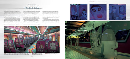 A two-page spread from a magazine or brochure featuring the Tokyo Yamanote Line family car, with printed text, small character close-ups, and a large photograph of the train at the station platform. The train exterior is decorated with large cartoon character faces.