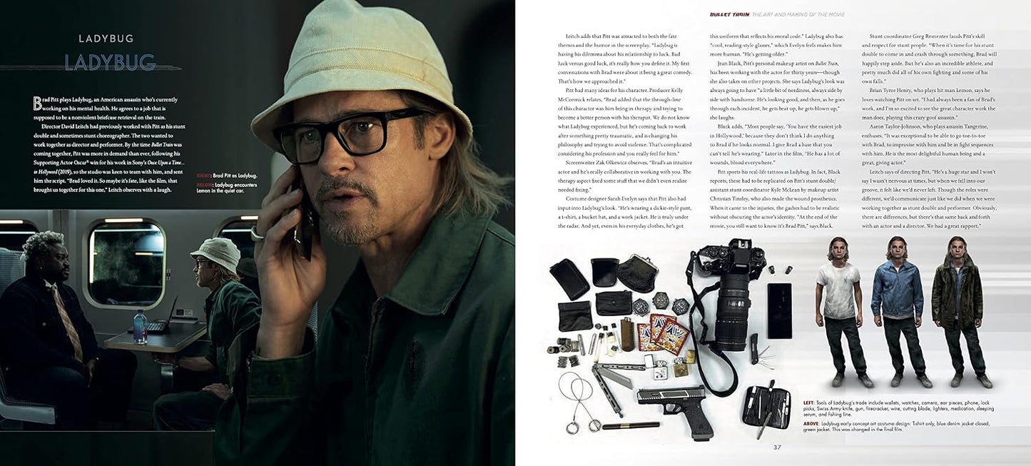 A magazine-style spread featuring a dark left panel with the title LADYBUG and a man wearing glasses and a bucket hat talking on a phone, alongside a right page with multiple small photos of the same man and an arranged set of accessories including a camera, phone, wallet, keys, and other gear.