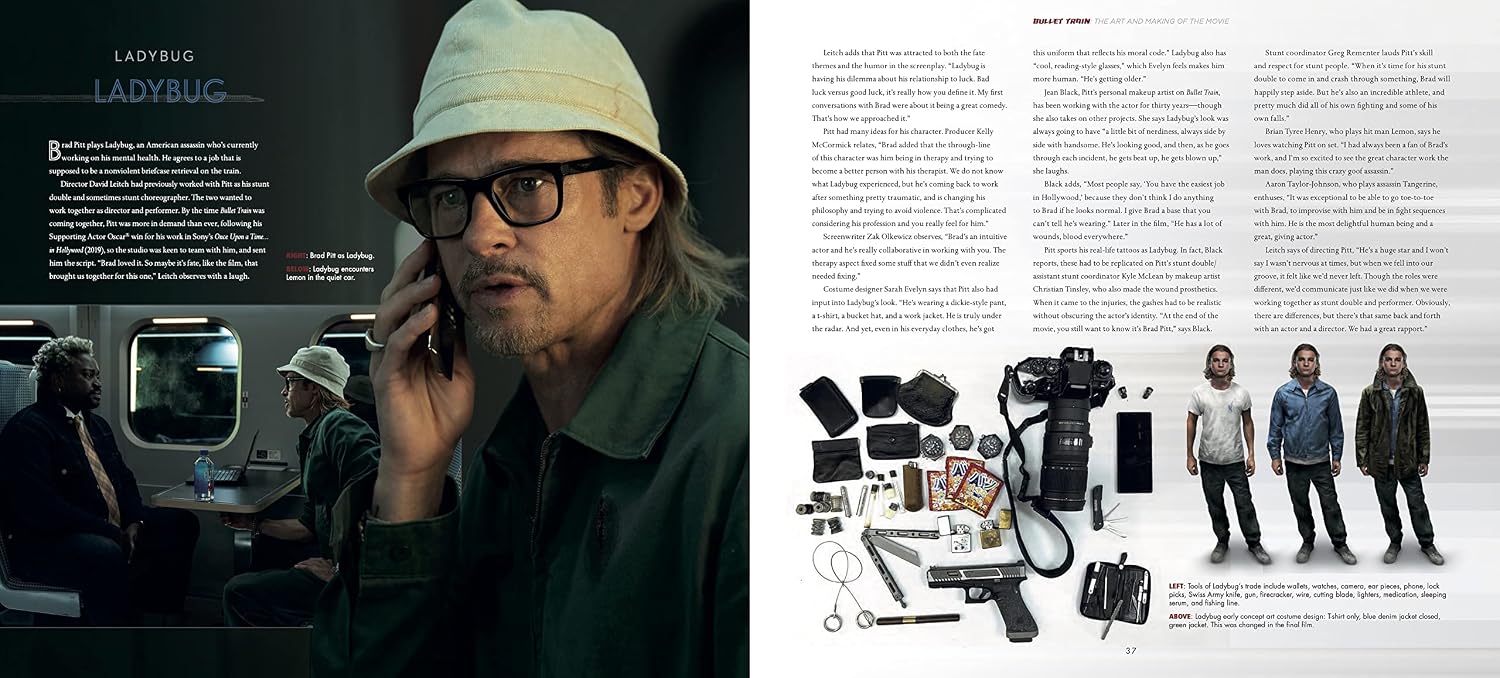 A magazine-style spread featuring a dark left panel with the title LADYBUG and a man wearing glasses and a bucket hat talking on a phone, alongside a right page with multiple small photos of the same man and an arranged set of accessories including a camera, phone, wallet, keys, and other gear.