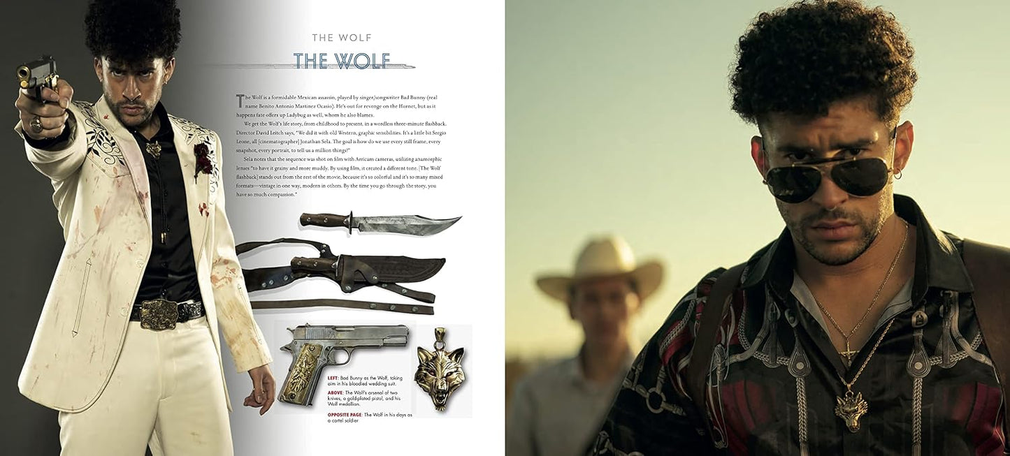 A split-page promotional layout featuring a man in a white suit holding a gun on the left and a close-up of the same man wearing sunglasses and a patterned shirt on the right, with text and several illustrated weapons between the panels.
