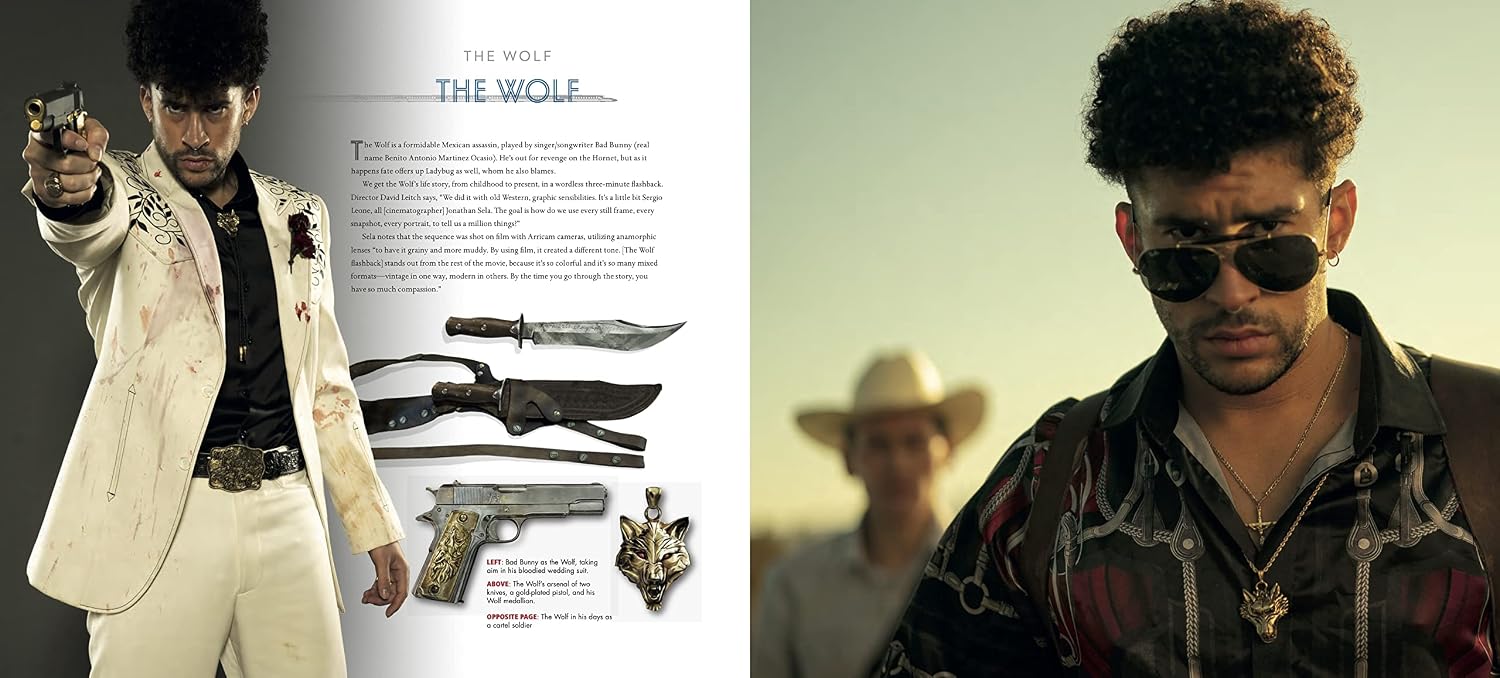 A split-page promotional layout featuring a man in a white suit holding a gun on the left and a close-up of the same man wearing sunglasses and a patterned shirt on the right, with text and several illustrated weapons between the panels.