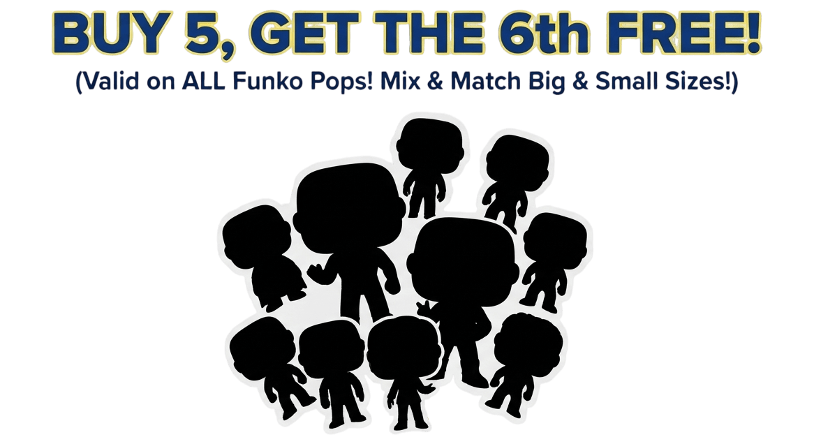 Promotional graphic with the text 'BUY 5, GET THE 6th FREE!' for the labyrinth store in canada above a cluster of black Funko Pop character silhouettes and a blue 'SHOP ALL POPS' button on a white background.