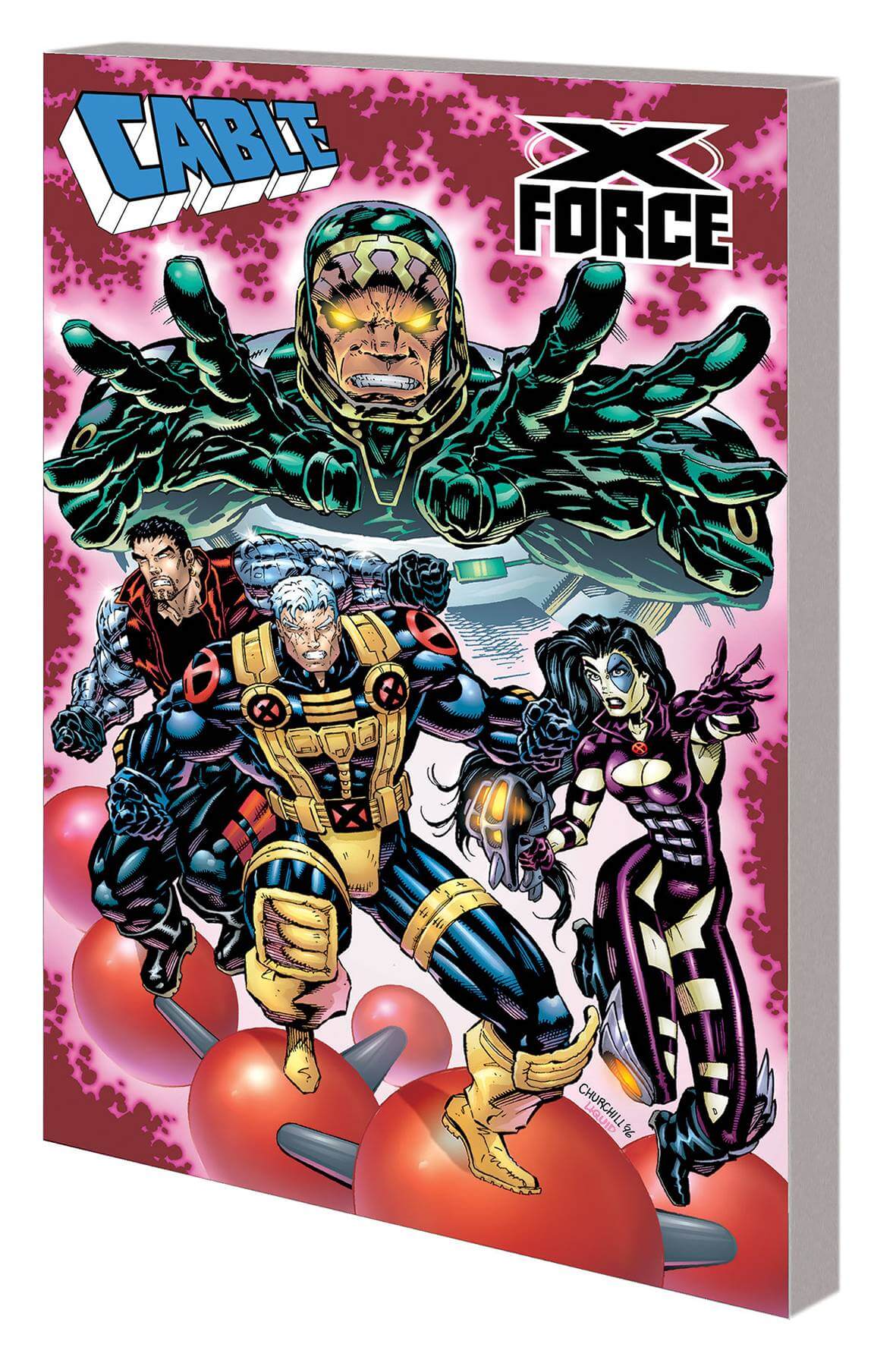 Cover of the comic book 'Cable & X-Force TP Onslaught', featuring illustrated characters Cable, X-Force, and the Hulk in a dynamic action pose against a pink and purple background.