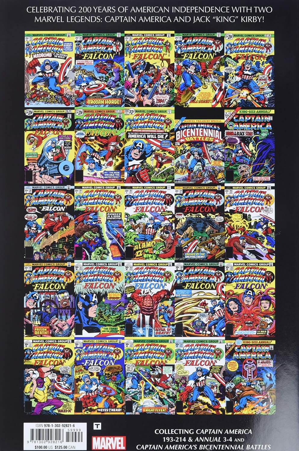 The back cover of a Marvel comic book, featuring a grid of vintage Captain America comic covers on a black background, with text celebrating 200 years of American Independence and Marvel Legends Captain America and Jack 'King' Kirby.