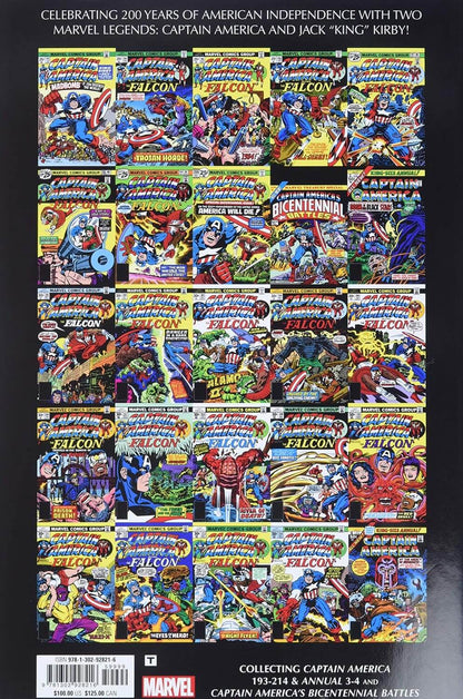 The back cover of a Marvel comic book, featuring a grid of vintage Captain America comic covers on a black background, with text celebrating 200 years of American Independence and Marvel Legends Captain America and Jack 'King' Kirby.