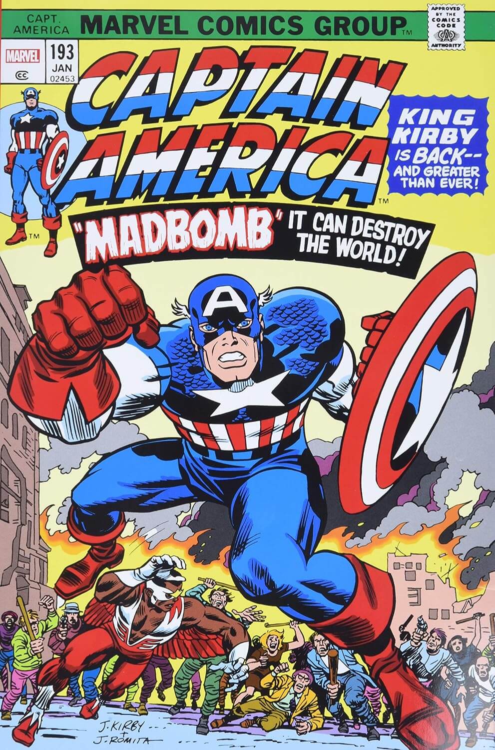 Omnibus Cover for Marvel Comics, featuring Captain America in a dynamic flying pose with his shield, surrounded by action and text including 'Madbomb' and 'King Kirby is Back.