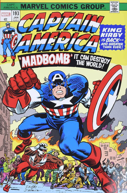 Omnibus Cover for Marvel Comics, featuring Captain America in a dynamic flying pose with his shield, surrounded by action and text including 'Madbomb' and 'King Kirby is Back.