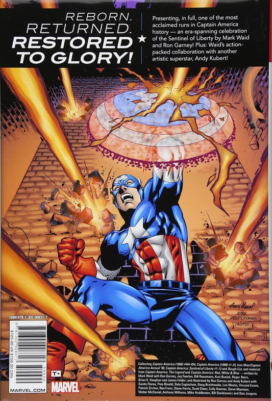 Back cover of Marvel's Captain America: The First Avenger comic book, featuring dramatic comic-style artwork of Captain America in a flying pose with glowing yellow energy effects, a large shield overhead, and promotional text at the top and bottom.