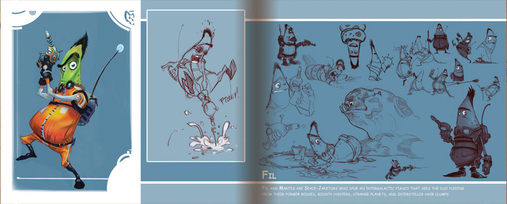 A concept art layout sheet featuring a green-skinned character in an orange outfit, shown alongside rough sketches and character designs on a blue background.