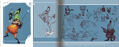 A concept art layout sheet featuring a green-skinned character in an orange outfit, shown alongside rough sketches and character designs on a blue background.