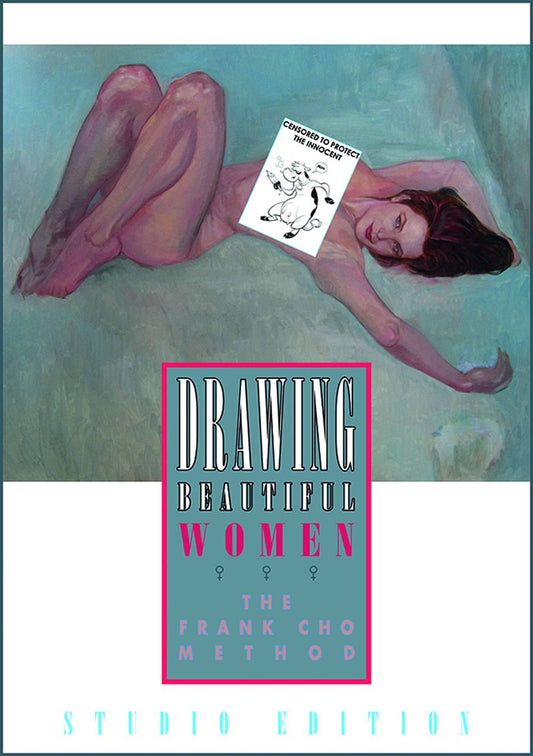 Book cover of 'Drawing Beautiful Women: The Frank Cho Method' with a stylized illustration of a woman lying on her side.