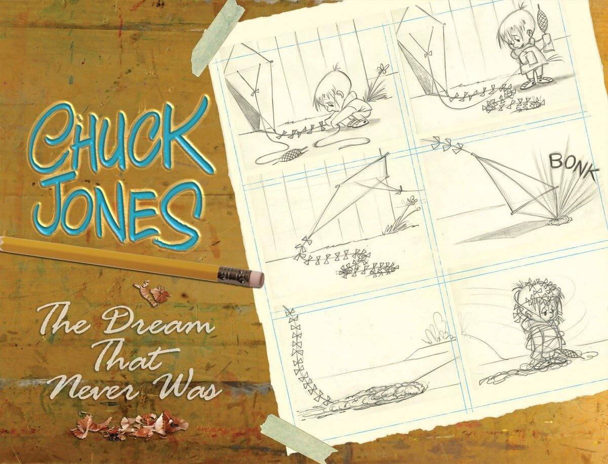 Illustrations by Chuck Jones on a wooden surface with 'Chuck Jones' and 'The Dream That Never Was' text.