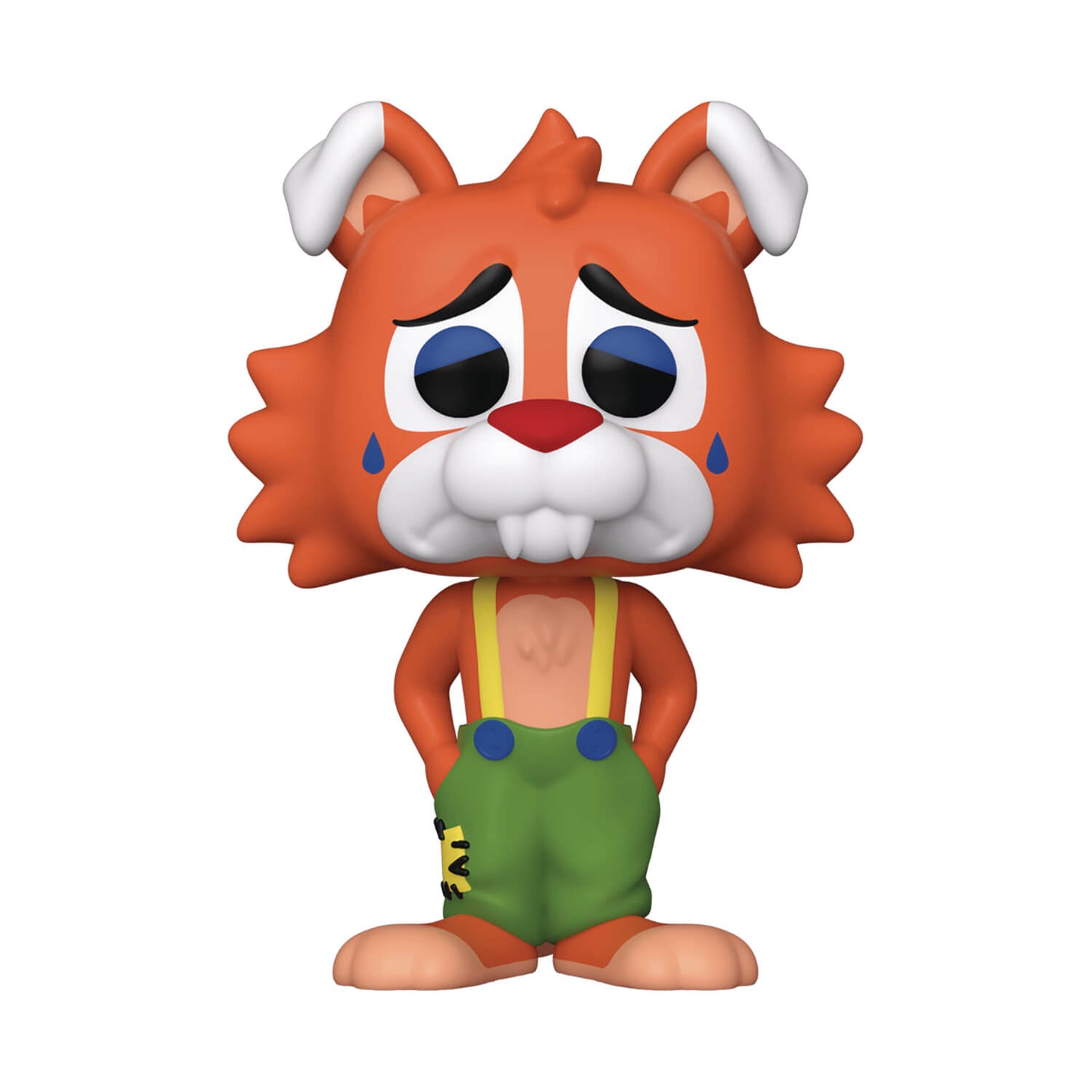 Funko Pop! vinyl figure of a sad orange tiger character with white ears, blue eyes, green overalls, and yellow suspenders, shown on a plain white background.