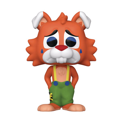 Funko Pop! vinyl figure of a sad orange tiger character with white ears, blue eyes, green overalls, and yellow suspenders, shown on a plain white background.