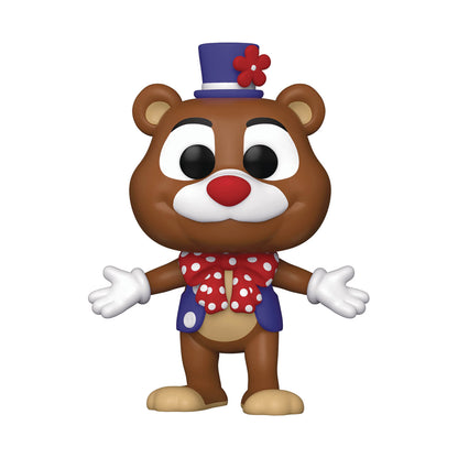 Funko Pop! vinyl figure of a stylized brown bear character wearing a blue top hat with a red flower, a red polka-dot bow tie, and blue shorts, standing against a plain white background.