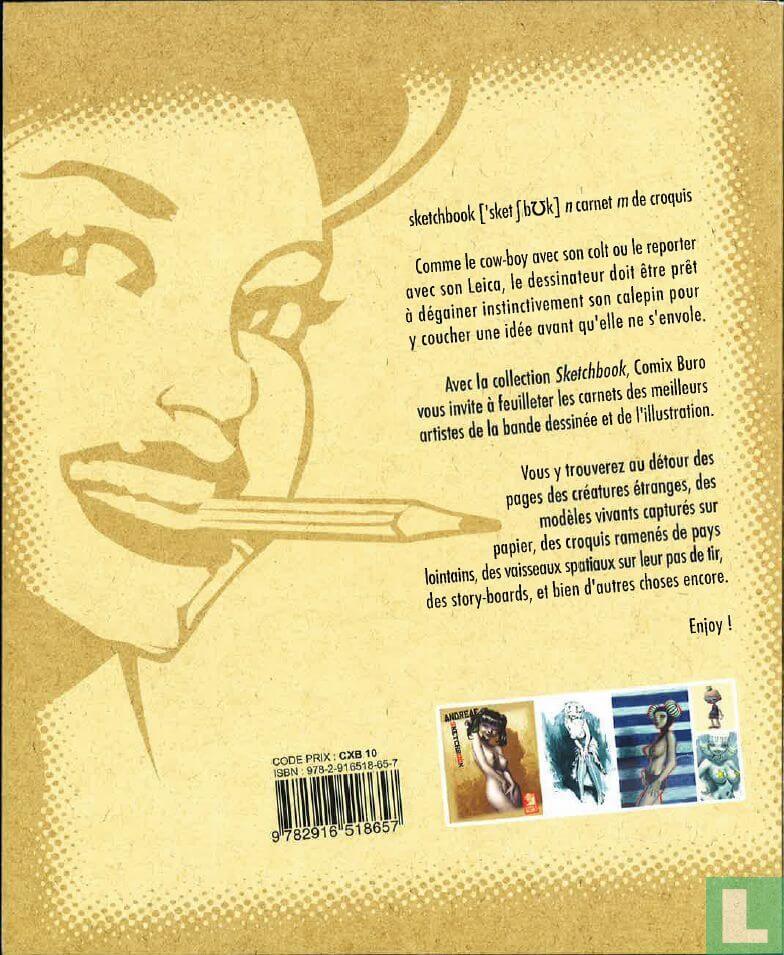 Back cover of a French comic book titled 'sketchbook' by Comic Buro, featuring a stylized halftone face illustration on a tan background with French text and small character thumbnails.