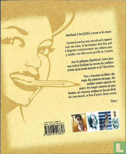Back cover of a French comic book titled 'sketchbook' by Comic Buro, featuring a stylized halftone face illustration on a tan background with French text and small character thumbnails.
