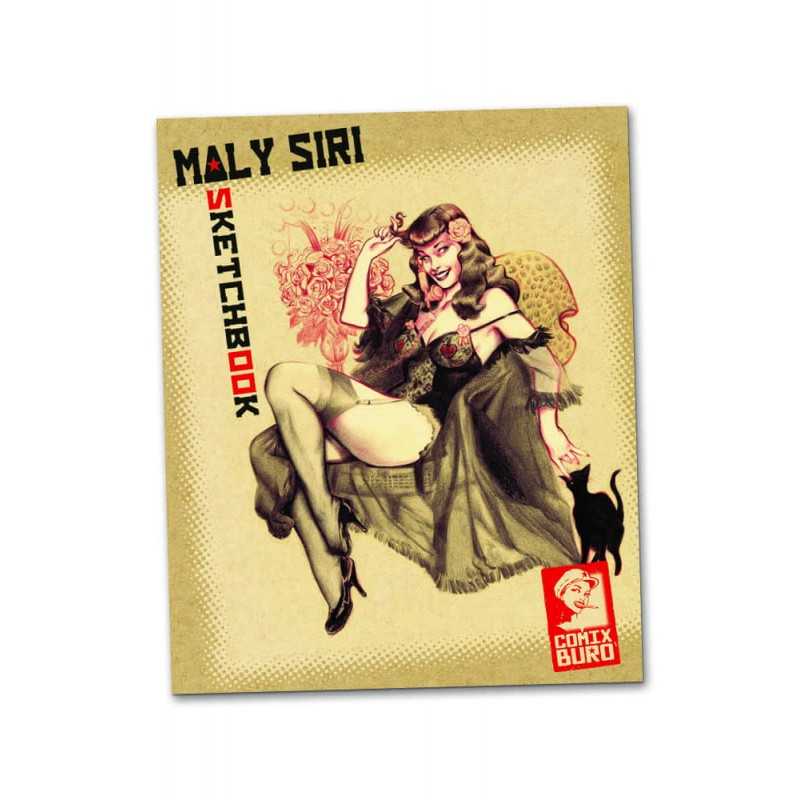 A vintage-style sketchbook cover titled 'Maly Siri Sketchbook' featuring a retro pin-up illustration of a woman in a chair with a cat, on a light beige background. A red 'Comix Büro' logo appears in the bottom right corner.