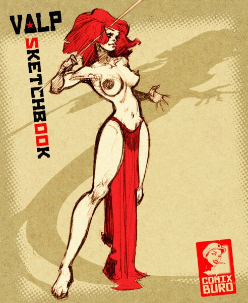 A stylized illustrated cover or poster reading 'VALP SKECHBOOK' with a red-haired female figure in a minimal red and beige outfit, plus a 'COMIX BURO' logo in the lower right on a textured beige background.