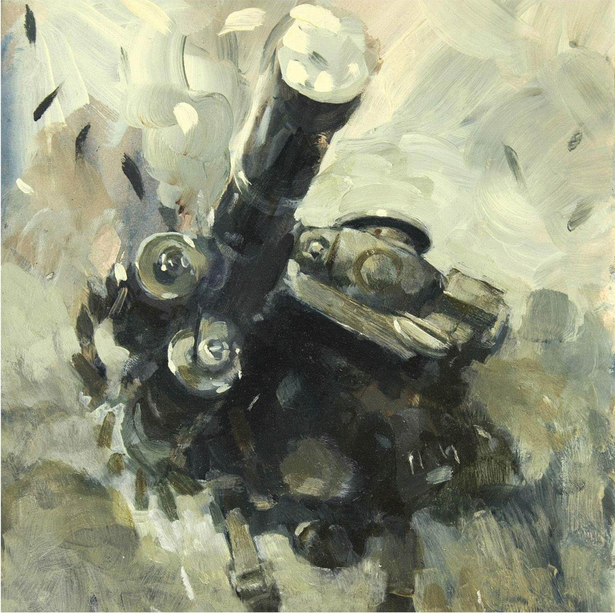 Front cover to ashley woods world war robot book showing a Close-up of mechanical gears with a textured gray background