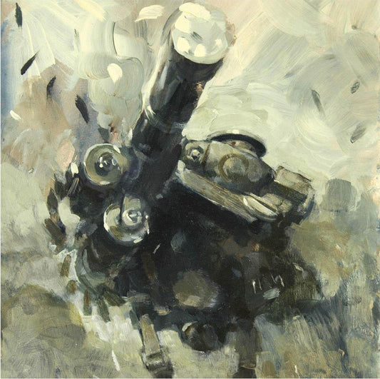 Front cover to ashley woods world war robot book showing a Close-up of mechanical gears with a textured gray background