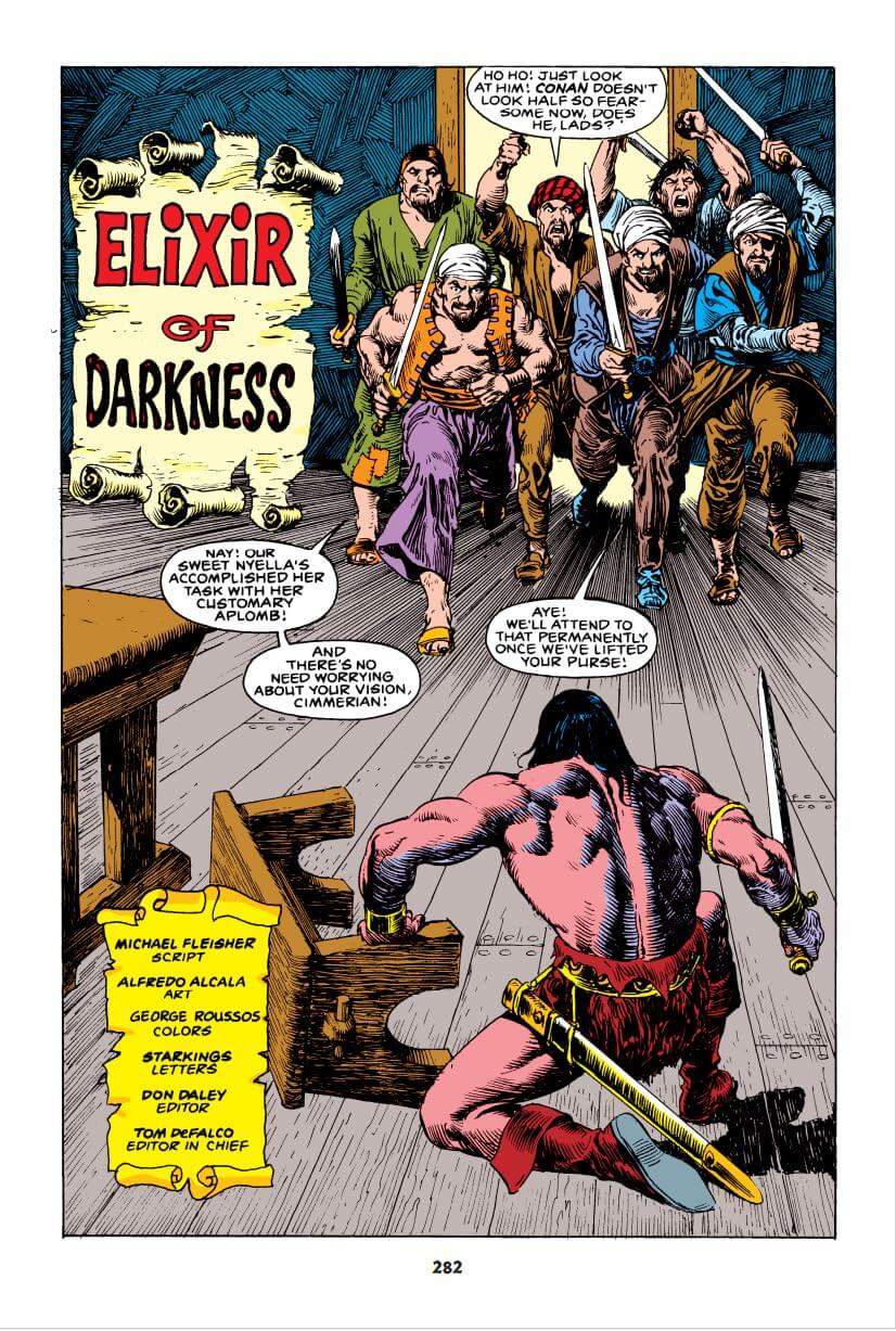 A printed comic-book or graphic novel page titled 'Elixir of Darkness' showing illustrated fantasy characters in a wooden interior. The page includes speech bubbles, a yellow character info panel, and a large central scene with multiple figures and a muscular figure in the lower right.