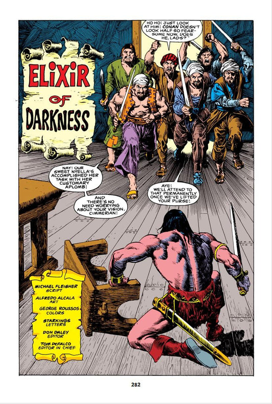 A printed comic-book or graphic novel page titled 'Elixir of Darkness' showing illustrated fantasy characters in a wooden interior. The page includes speech bubbles, a yellow character info panel, and a large central scene with multiple figures and a muscular figure in the lower right.