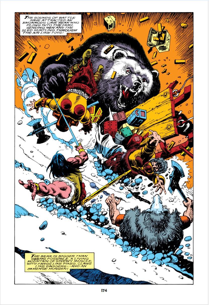 A comic book or graphic novel page showing a dramatic action scene with a large black-and-white bear-like creature, a yellow robot, and several other characters in a snowy outdoor setting. Speech bubbles and panel borders are visible, and the page has a white margin.