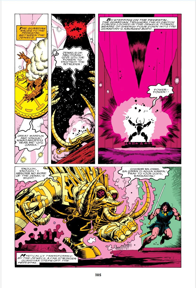 A printed comic book or graphic novel page with five illustrated panels showing a fantasy battle scene. The artwork uses pink, black, yellow, white, and green tones, with speech bubbles and comic-style text.