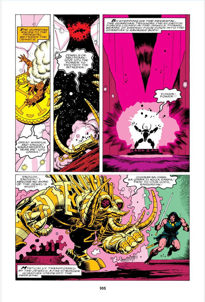 A printed comic book or graphic novel page with five illustrated panels showing a fantasy battle scene. The artwork uses pink, black, yellow, white, and green tones, with speech bubbles and comic-style text.