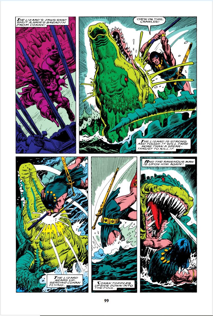 A printed comic book or graphic novel page with five illustrated panels showing a fantasy battle scene. The artwork uses bold comic-style colors including green, blue, purple, yellow, and black, with speech bubbles and panel text.