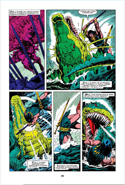 A printed comic book or graphic novel page with five illustrated panels showing a fantasy battle scene. The artwork uses bold comic-style colors including green, blue, purple, yellow, and black, with speech bubbles and panel text.