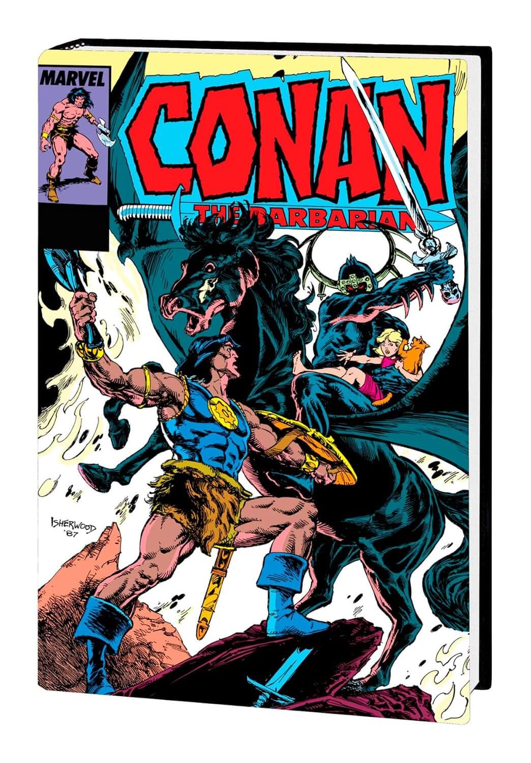 Hardcover book cover for Conan the Barbarian: The Original Marvel Years Omnibus Vol. 8 (Isherwood Cover). The artwork shows a muscular Conan in blue and yellow attire wielding a sword while riding a rearing black horse, clashing with a dark, cloaked adversary.