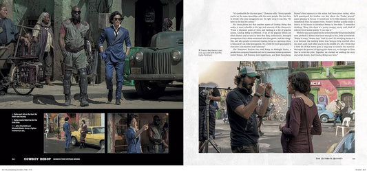 A two-page spread from a magazine or book featuring scenes from the film 'Comrade' alongside printed text. The left page shows several cinematic stills of a man in a blue suit walking with a cart and a vintage car, with smaller inset photos.