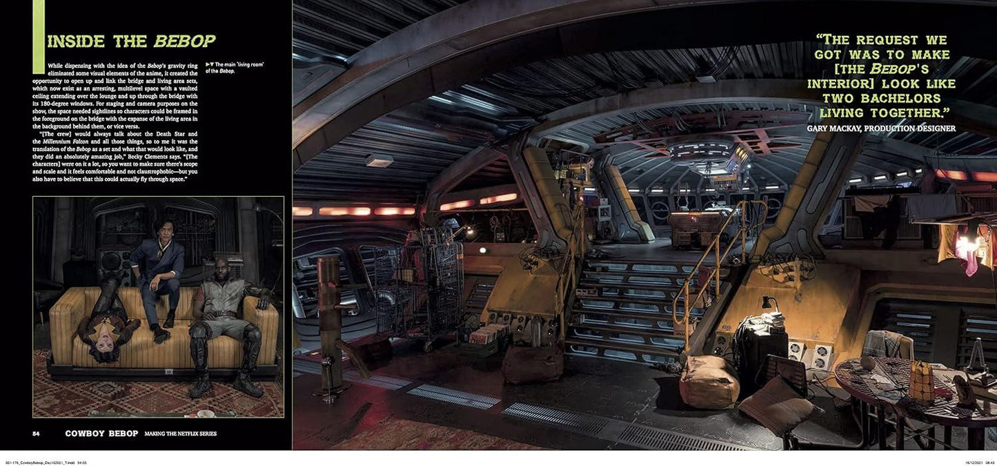 A split-page magazine or book interior spread showing a large photo of a sci-fi spaceship cabin with stairs, seating, and text quotes, alongside a smaller inset photo and article text.