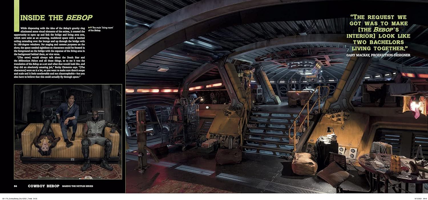 A split-page magazine or book interior spread showing a large photo of a sci-fi spaceship cabin with stairs, seating, and text quotes, alongside a smaller inset photo and article text.