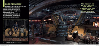 A split-page magazine or book interior spread showing a large photo of a sci-fi spaceship cabin with stairs, seating, and text quotes, alongside a smaller inset photo and article text.