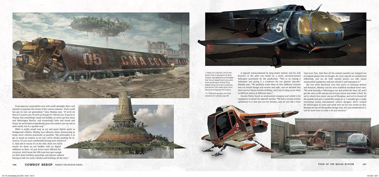 A printed magazine or book spread showing concept art and scenes from a science-fiction project titled 'Coyote Beach.' The page includes large illustrations of a futuristic train, a spacecraft, a pyramid-like structure, a small vehicle, and smaller scene renderings, alongside columns of text.