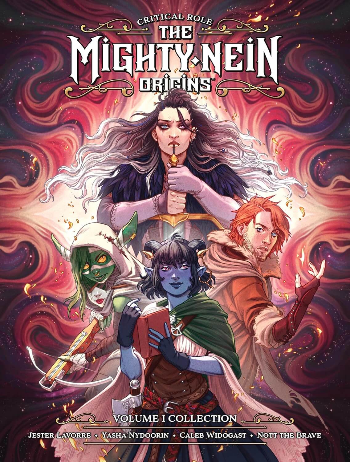Cover of the book 'Mighty Nein Origins Library Edition' featuring illustrated portraits of the characters Jester Lavorre, Caleb Widogast, Yasha Nydoorin, and Nott the Brave from the Critical Role series, with a fantasy-themed background.