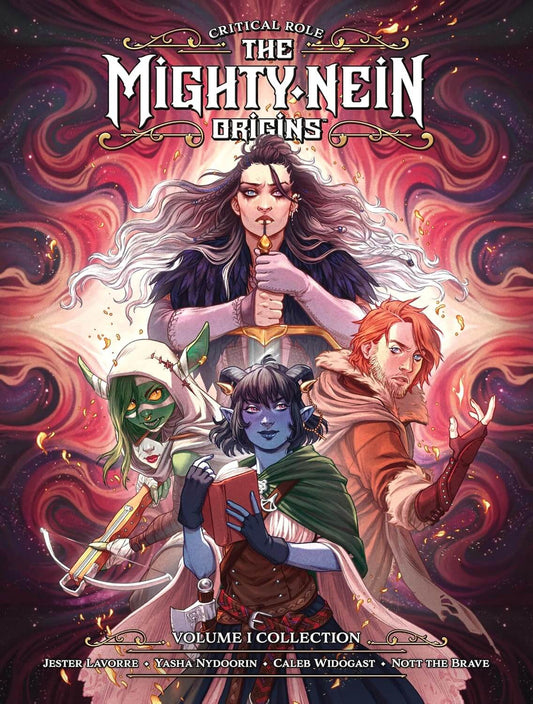 Cover of the book 'Mighty Nein Origins Library Edition' featuring illustrated portraits of the characters Jester Lavorre, Caleb Widogast, Yasha Nydoorin, and Nott the Brave from the Critical Role series, with a fantasy-themed background.