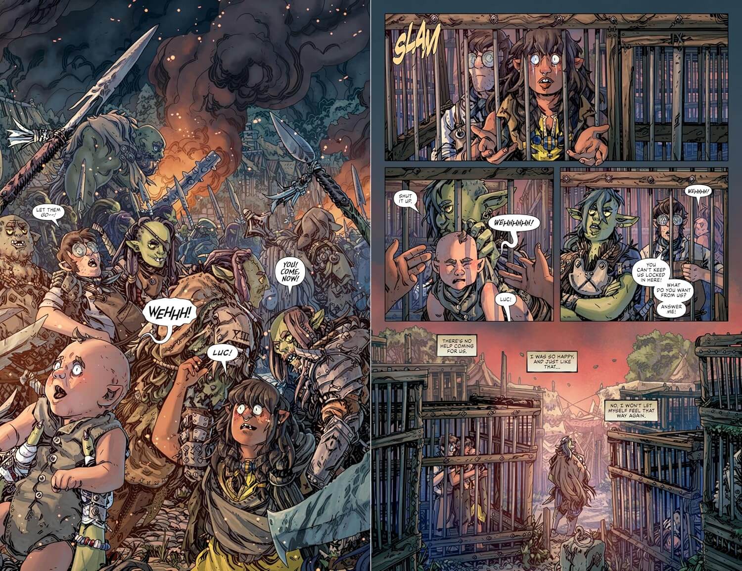Comic book page with various characters and panels in a dark, action-packed scene.
