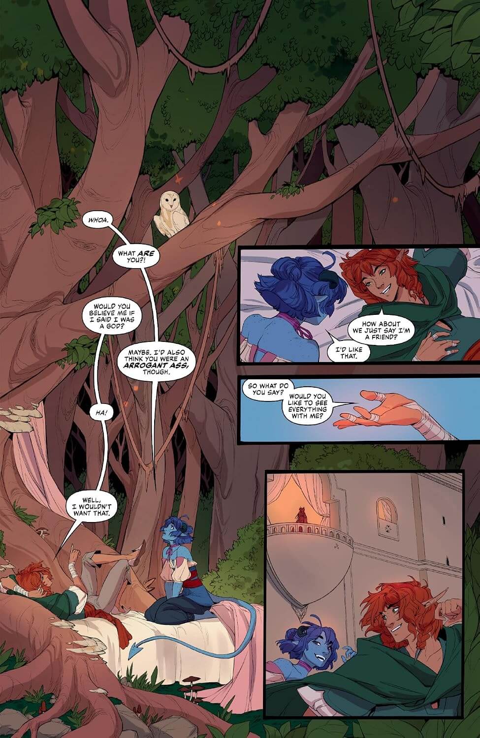 Comic book panel set in a forest with characters interacting.