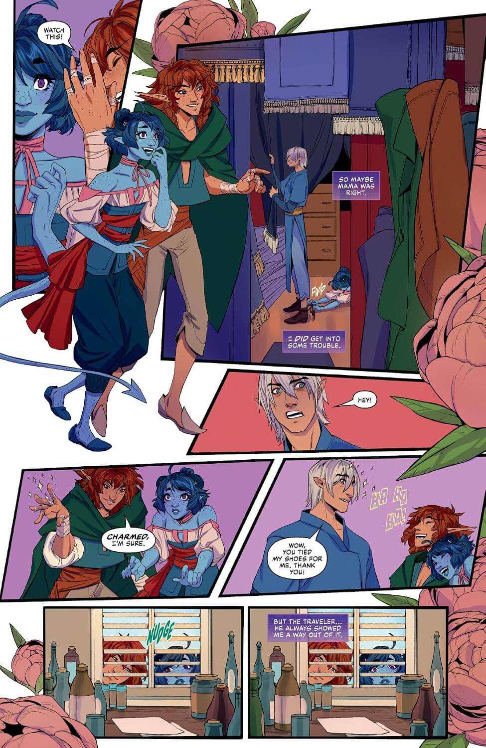 A comic book page with multiple illustrated panels showing a group of blue-skinned humanoid characters and a red-haired woman in a room, with speech bubbles and a small interior scene at the bottom.
